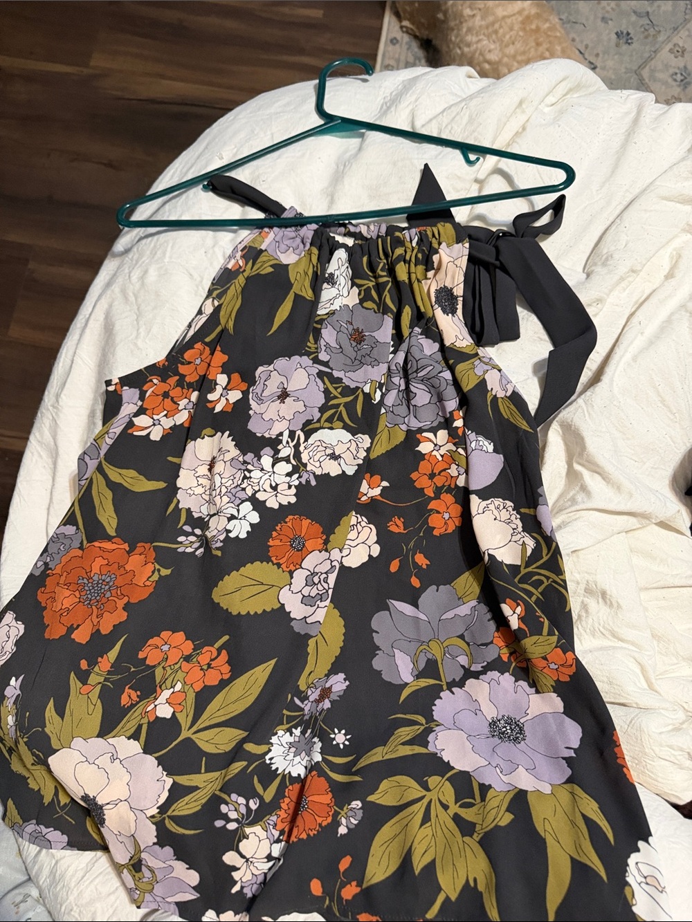LOFT Black Floral A-Line Top with Purple, Olive & Orange Flowers